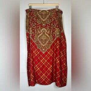 Vintage Jones New York Country Red and Gold Patterned Midi Skirt. 100% Silk!